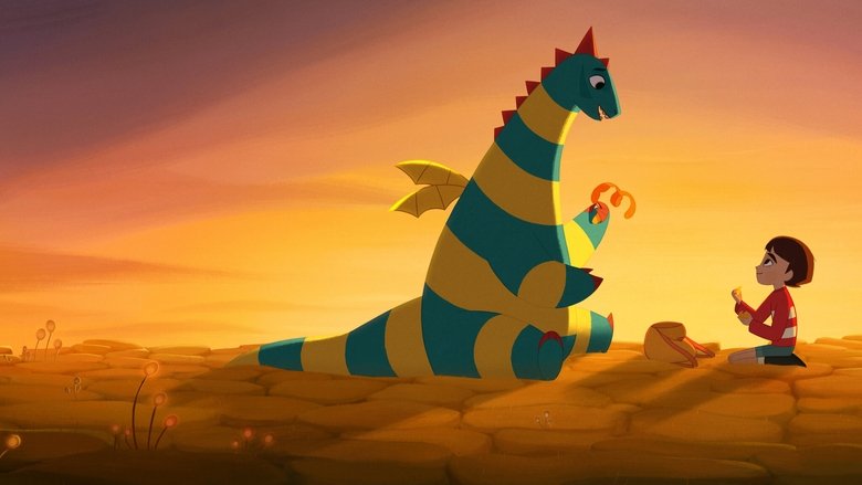 A wide shot of Wild Island, its lush, painterly landscapes stretching into the distance, with Elmer and Boris the dragon standing at the edge of a cliff.