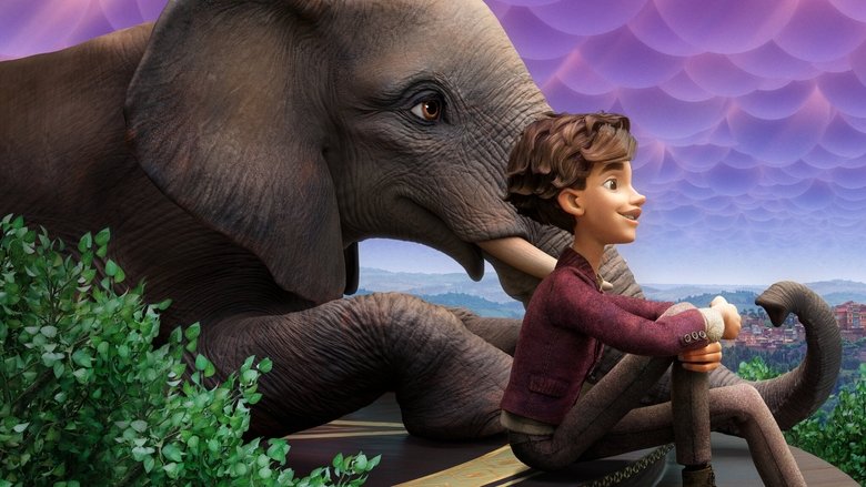 The elephant materializes in a burst of light, its shadow stretching over the cobblestone square