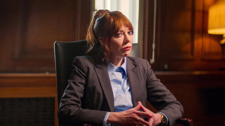 Philomena Cunk stands in front of a cosmic backdrop, her expression a mix of confusion and determination as she attempts to unravel the mysteries of the universe.
