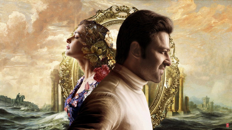 A golden-lit balcony scene, where Prabhas and Pooja Hegde stand close but not quite touching, the European skyline blurred behind them