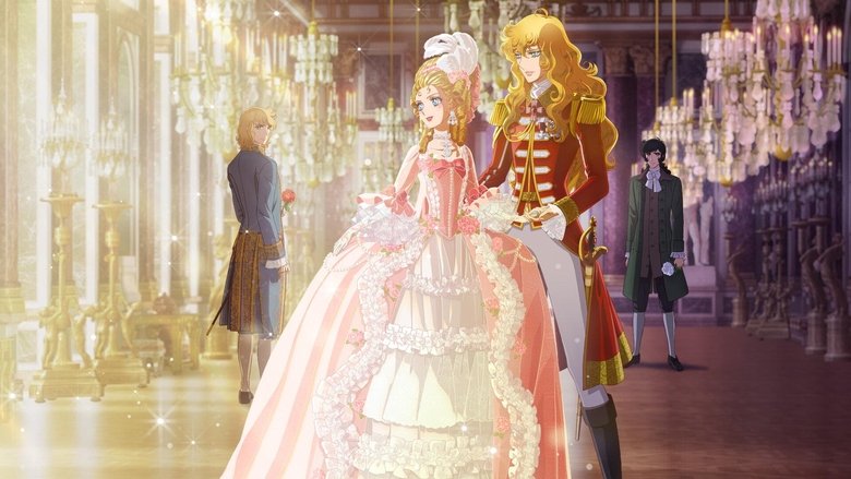 Marie Antoinette and Oscar standing in a grand hall, bathed in golden light, their expressions a mix of determination and melancholy