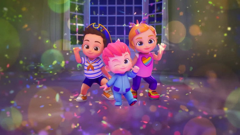 A bright, animated living room where Bebefinn and his family stand in a line, arms raised mid-dance, their faces frozen in identical grins of exaggerated joy.