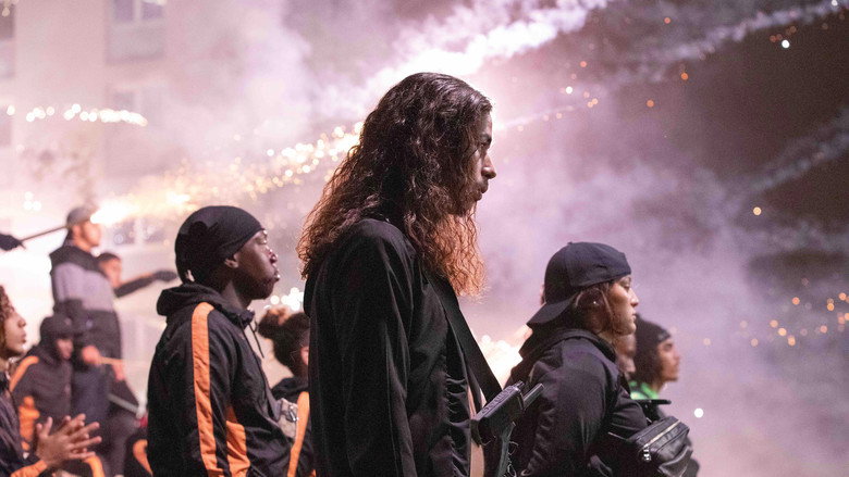 A tense standoff in the dimly lit streets of the banlieue, smoke curling in the air as figures loom in the shadows