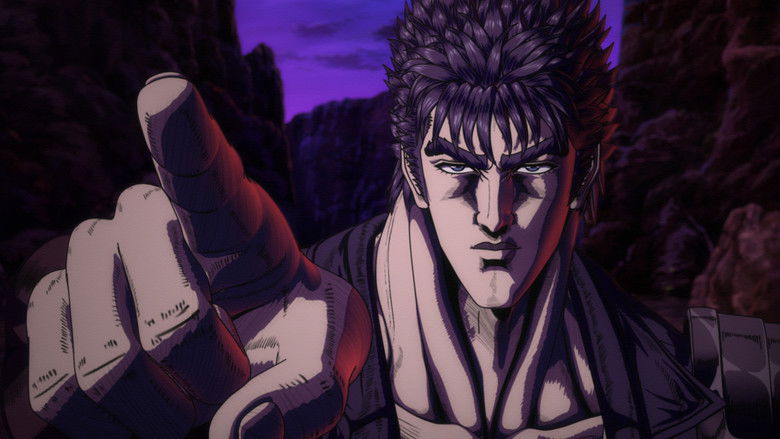 A close-up of Kenshiro's stoic, battle-worn face, highlighting his intense, sorrowful gaze amidst the ruins