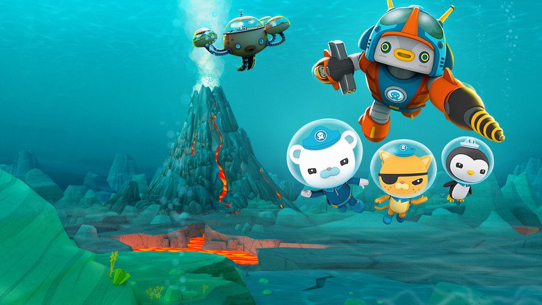 The Octonauts crew pilots their GUP vehicles through churning waters, lava glowing in the distance