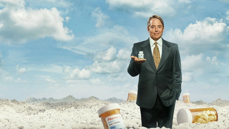 A surreal boardroom scene where Richard Sackler (Matthew Broderick) sits at a long table, his face half-lit by the glow of a projector screen, while the ghost of his uncle Arthur (Clark Gregg) looms behind him, arms crossed.
