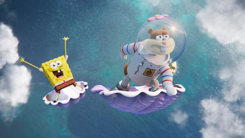 Sandy Cheeks and SpongeBob standing in a vast, sunbaked Texas landscape, their animated forms contrasting sharply with the live-action desert behind them