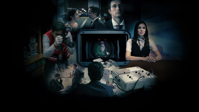 A split-screen shot of investigators and journalists, their faces lit with the artificial glow of camera flashes, as if caught in the act of performing tragedy.