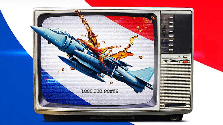 A vintage Pepsi commercial still, the Harrier jet frozen mid-air, its sleek silhouette cutting against a bright blue sky.
