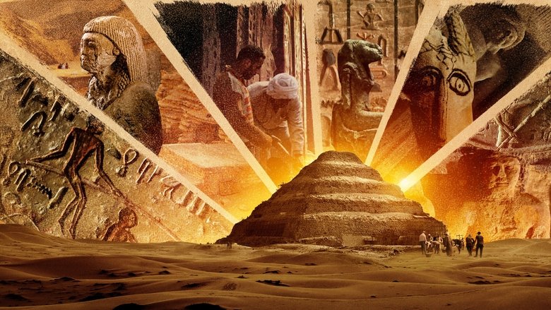 A team of archaeologists carefully excavating a narrow shaft in the Saqqara necropolis, their figures small against the vast desert backdrop