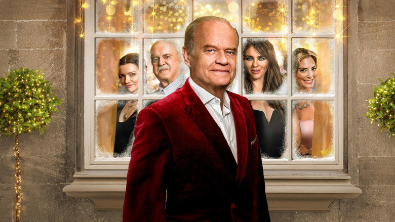 A dimly lit living room, cluttered with Christmas decorations, where a family sits in stiff, unnatural poses, their expressions frozen between forced cheer and simmering tension.