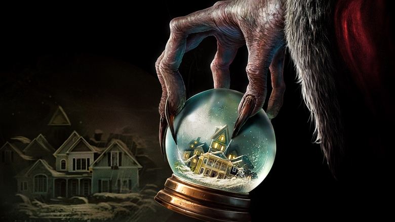 A family huddles in fear as shadowy figures lurk outside their snow-covered home