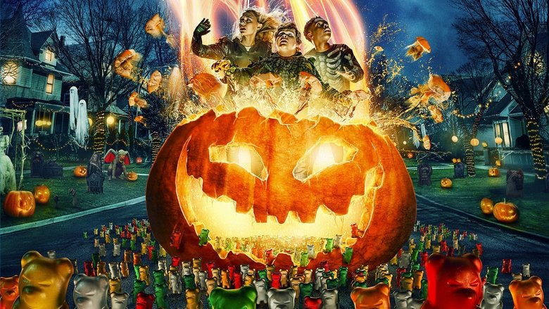 A group of kids in Halloween costumes running through a suburban street, pumpkins and decorations glowing ominously in the background