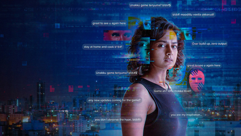 Kavya stands in a dimly lit room, her reflection fractured across multiple screens, each displaying a different threat—messages, images, live feeds. The glow of the monitors casts sharp shadows on her face, making her look both hunted and hyper-aware.