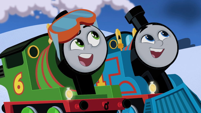 Percy the Small Engine, his green paint slightly chipped, chugs through a snowy Sodor landscape under a sky streaked with twilight pinks and blues.