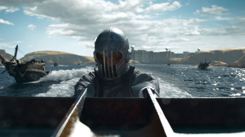 A lone rider on a hydro-vessel cutting through a turbulent, dark ocean