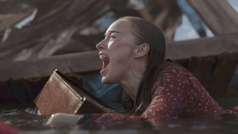 The silhouette of a shark fin cuts through the debris-choked water, ominous and barely visible in the storm.