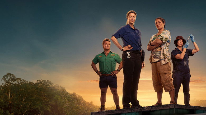 The mist-covered, moody landscape of Deadloch, mimicking the aesthetic of prestige crime dramas.