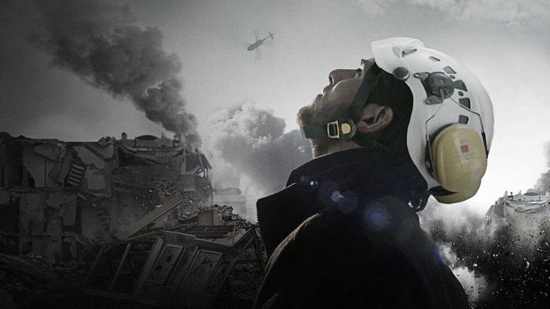 A White Helmet volunteer kneels in the rubble, his back to the camera, as dust and smoke rise from a collapsed building in the background.
