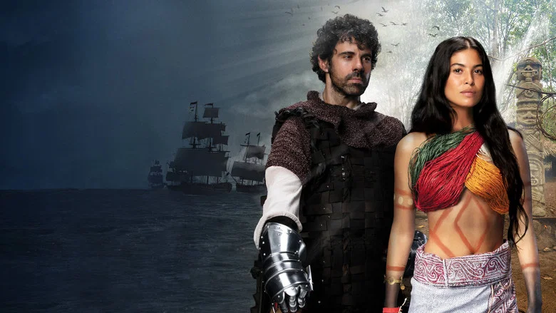 A wide shot of a colonial-era village, the camera lingering on the clash of Spanish architecture and indigenous dress, the tension between the two worlds palpable even in stillness.