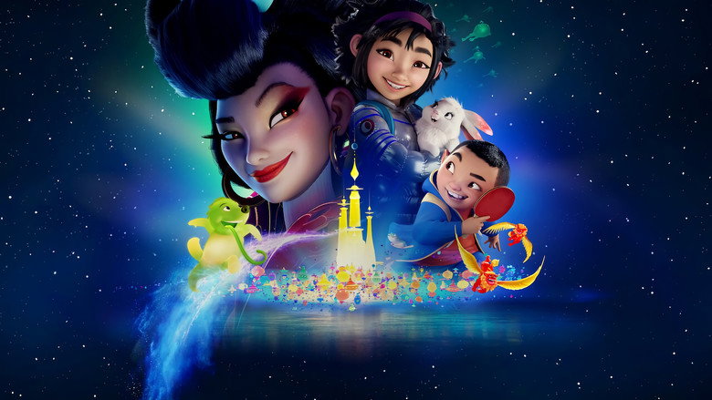 Fei Fei's rocket soars above a glowing, lantern-lit village, the night sky alive with swirling colors.