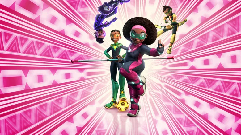 The team mid-transformation, their outfits shifting from school uniforms to sleek, glowing superhero suits under a Lusaka skyline lit by neon and stars.