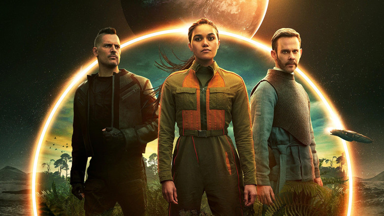 Bella Sway in her heavy jacket contrasting with the bright lunar colony