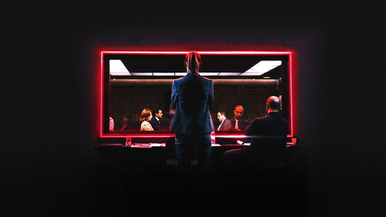 A stark police interview room, bathed in fluorescent light, where two figures sit across from each other in tense silence.