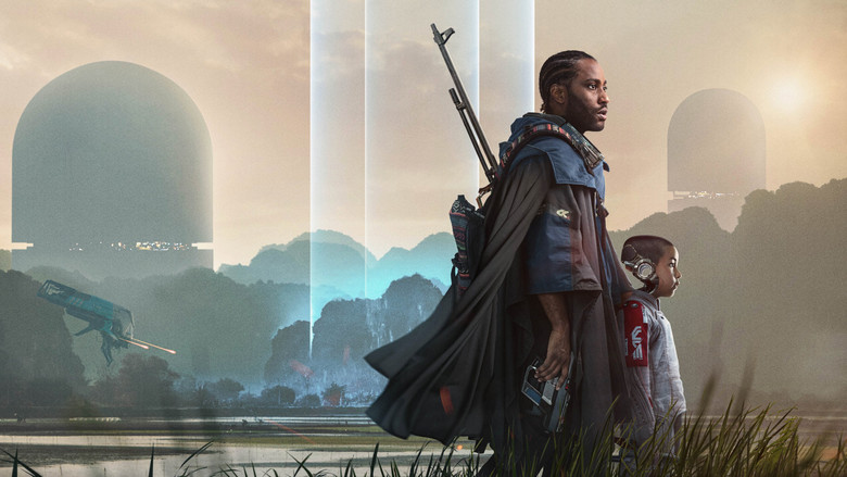 A serene shot of a village landscape with a hint of futuristic architecture