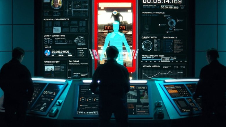 A split-screen of a teenage girl staring at her phone, her face half-lit by the glow of the screen, while a trio of identical men in suits stand behind her, their expressions unreadable.