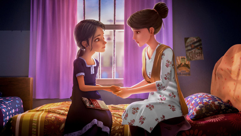 A young girl in traditional clothing gazes upward, her face half-lit by a soft, golden glow, as if catching the light of something just out of reach.