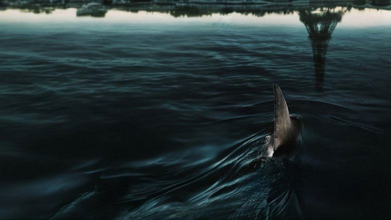 A massive shark lunges out of the Seine, jaws wide, as panicked Parisians flee along the riverbank.