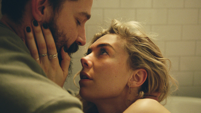 A close-up of Vanessa Kirby's face, her expression caught between exhaustion and dread, as the weight of the moment presses down on her.