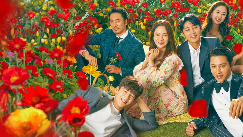 A dimly lit room where Noh Ae-jung (Song Ji-hyo) sits at a table, surrounded by the four men vying for her attention, their expressions a mix of longing and frustration.