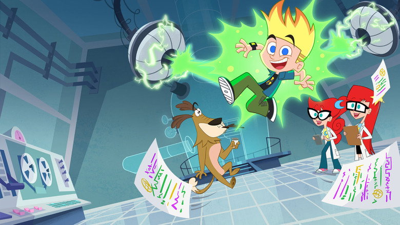 Johnny and his sisters in a high-tech lab, surrounded by glowing gadgets and screens
