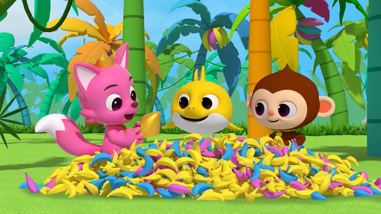 Pinkfong and Baby Shark in their rocket, blasting off against a starry backdrop