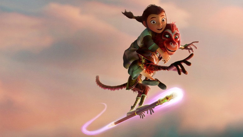 The Monkey King mid-battle, his staff a blur of motion against a stormy sky