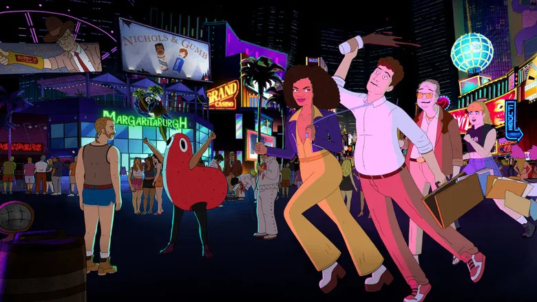 A neon-lit Las Vegas courtroom