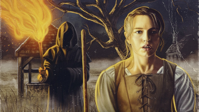 A shadowy figure stands in the center of a colonial village, flames flickering in the background, as townspeople gather with torches.