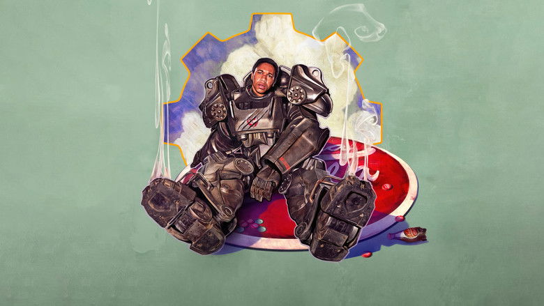 A figure in heavy mechanized power armor standing in the desert