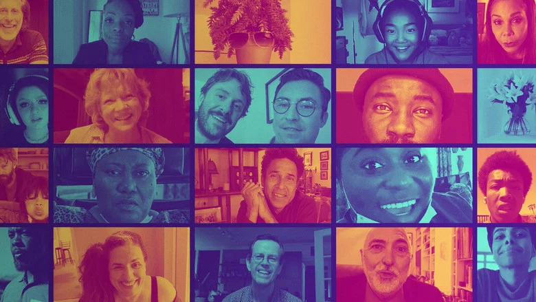 A grid of faces on a Zoom call, each trapped in their own square of light.