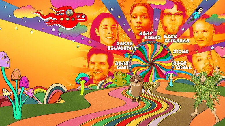 A psychedelic animated sequence swirls with vibrant colors, blending surreal imagery with a retro aesthetic