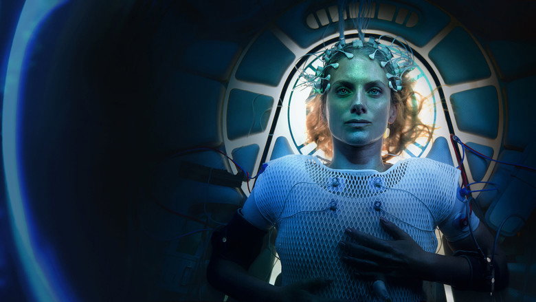 Elizabeth Hansen, trapped in the cryogenic pod, her breath fogging the glass as she struggles to escape.