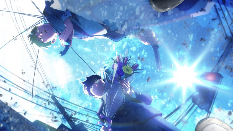 Mob sits in a classroom looking pensive while a ghostly spirit looms behind him