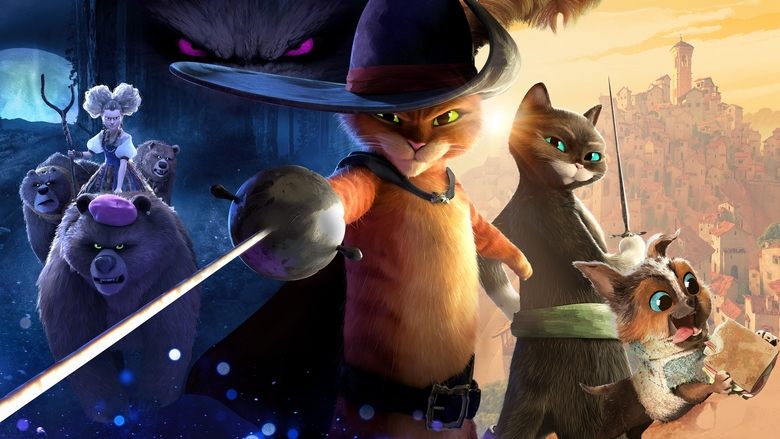 Puss facing off against a giant adversary in a stylized opening sequence