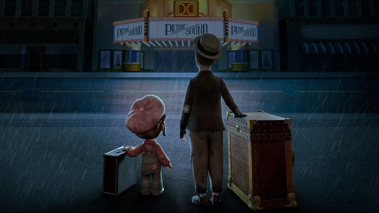 Two street performers, one playing an instrument, the other painting on a canvas, their work illuminated by soft light in an otherwise dark alley.