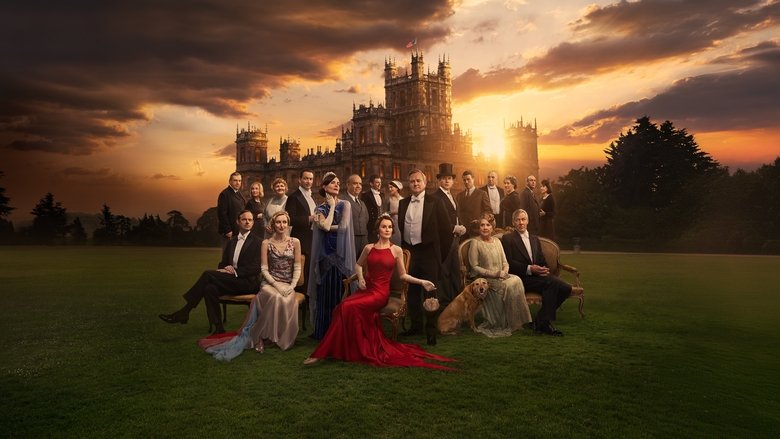 The grand staircase of Downton Abbey, bathed in warm light, as the Crawley family gathers for what feels like the last time.