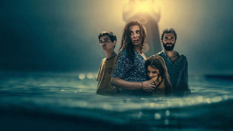 A family huddled on a storm-lashed shore, the father holding a makeshift torch, the mother’s face half-lit by its flickering glow