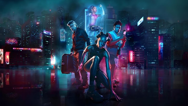 A neon-lit alleyway in 2035 São Paulo, where Maria (Jessica Córes) stands under flickering holograms of bionic athletes mid-leap, their prosthetic limbs glowing electric blue.