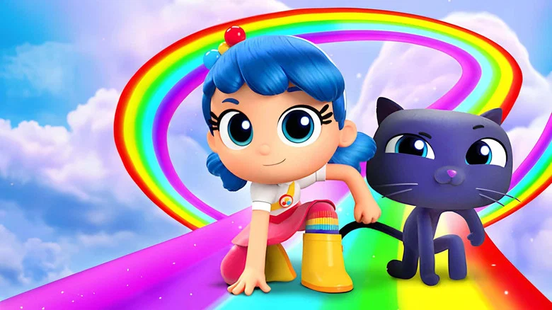 True and Bartleby standing at the edge of the Neverending Rainbow, the sky swirling with impossible colors.